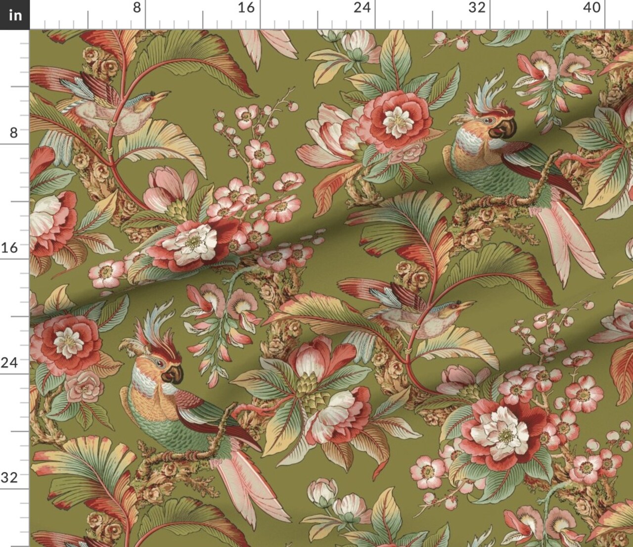 Edwardian Parrot Dogwood Dream Tropical Bird Botanical Antique Palm Floral Modern Custom Printed Fabric by Spoonflower Various Fabrics by the Yard or Fat Quarter